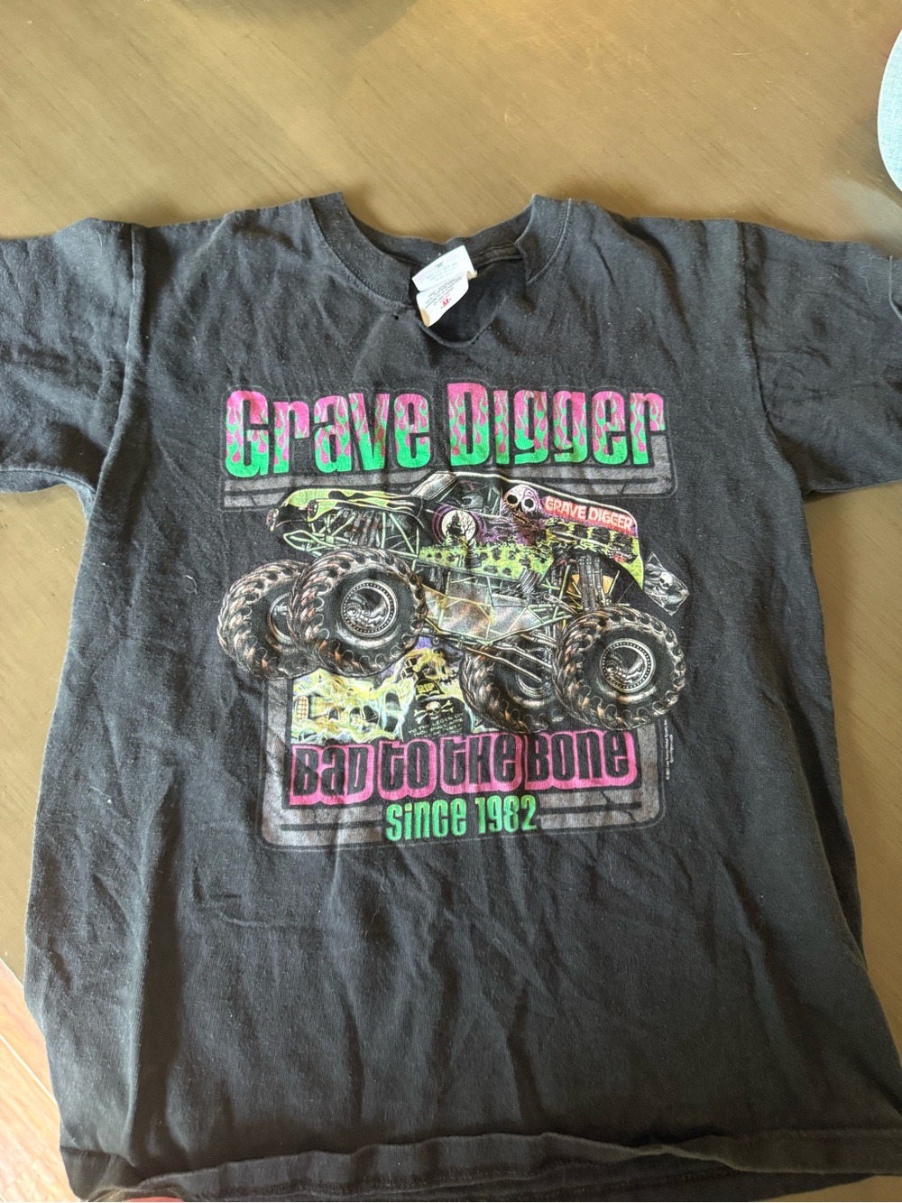 Vintage Anvil Black Grave Digger Graphic Tee with Neon Green & Pink Print